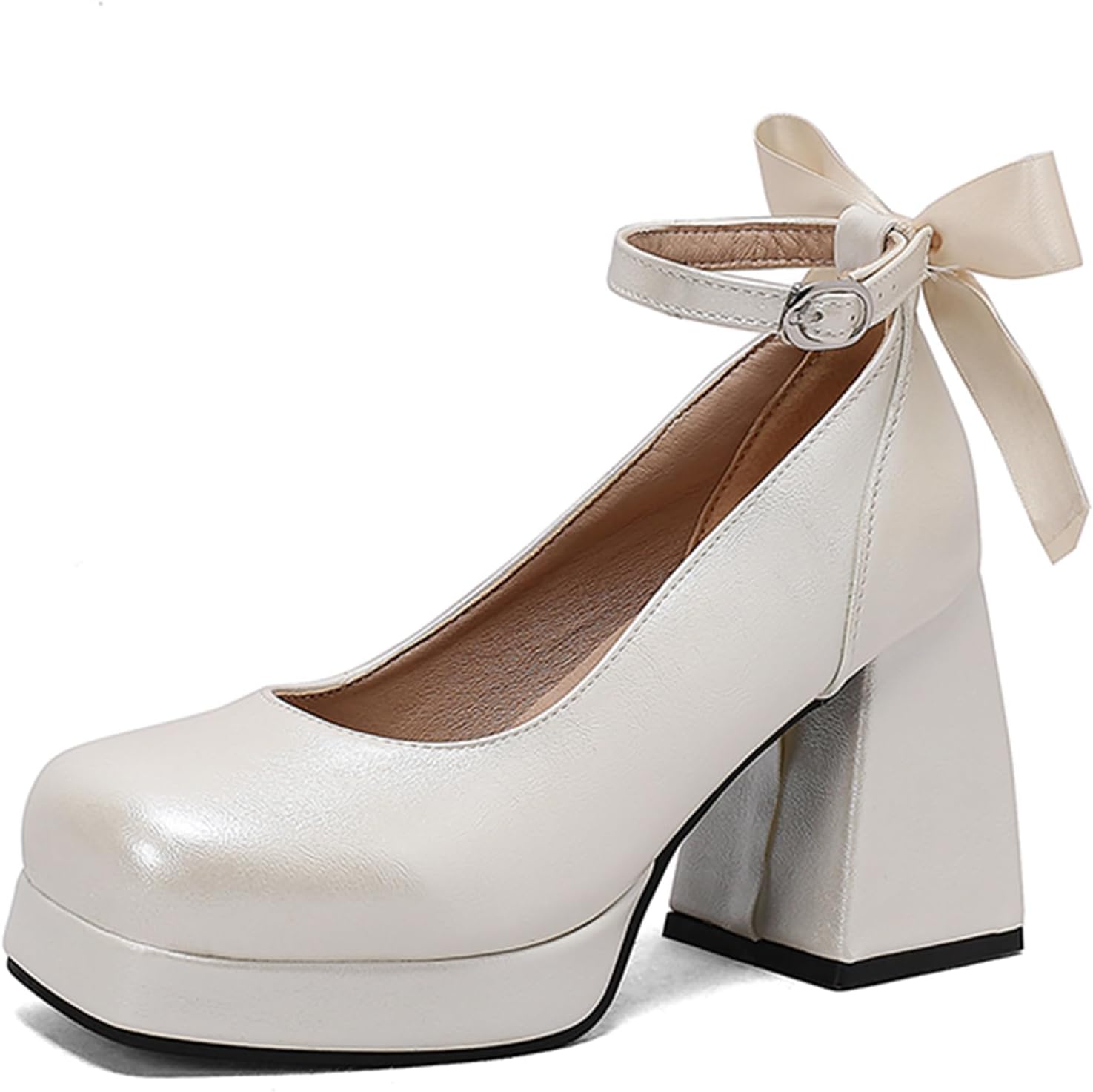 Alyaafifa Chunky Heel Ankle Strap Platform Pumps for Women with Bow Closed Square Toe High Heel Dress Shoes Stylish Elegant Party Wedding Prom Evening Event