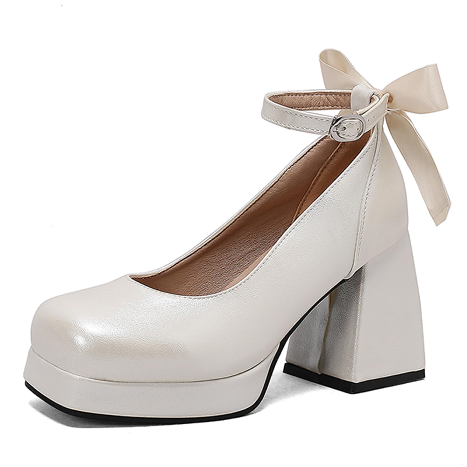 Alyaafifa Chunky Heel Ankle Strap Platform Pumps for Women with Bow Closed Square Toe High Heel Dress Shoes Stylish Elegant Party Wedding Prom Evening