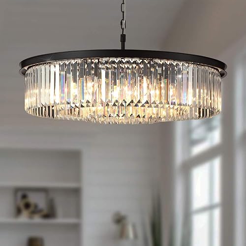 GMlixin Large Crystal Chandelier Black Chandeliers Luxury Pendant Lights Fixture for Dining Living Room 12-Lights 3-Tier Raindrop Chandeliers Lighting (Black, Dia 31 Inch)