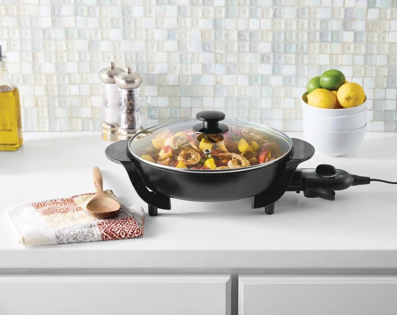 12 Inch Round Ceramic Nonstick Electric Skillet 1200W Adjustable Temperature with Glass Lid Dishwasher Safe