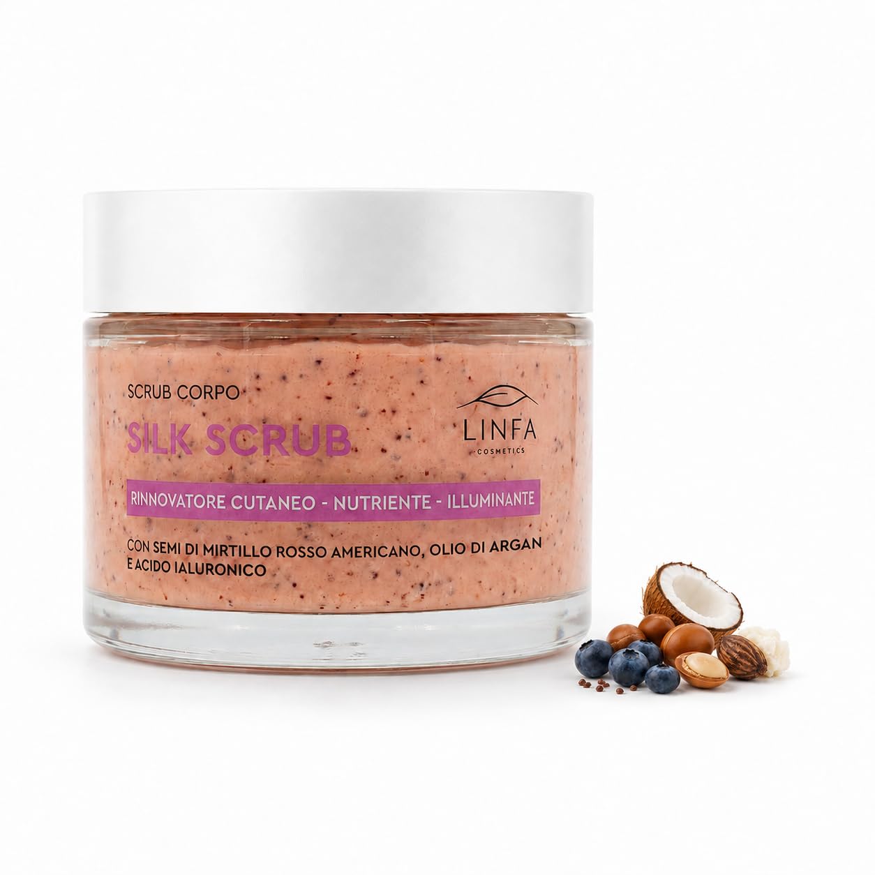 Silk Scrub - Exfoliante corporal hidratante con semillas de arándanos, manteca de karité, argán, coco y ácido hialurónico, tratamiento para una piel suave y radiante, 200 ml