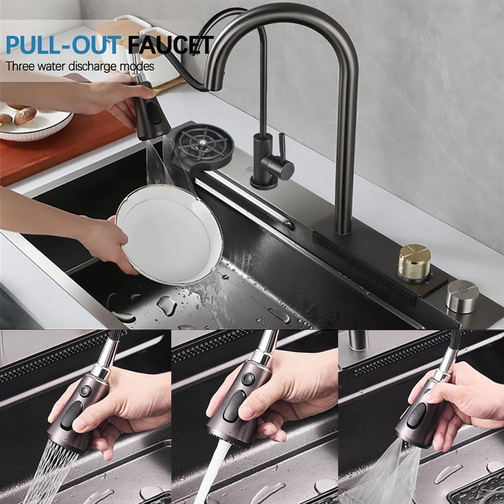 Black Stainless Steel Nano Undermount/Drop in Waterfall Single Bowl Kitchen Sink With Pull-Out Faucet,Knob Control Workstation Sink Cup Washer,Drainage Basket & Accessories (33.5 * 17.7 * 8.3in)