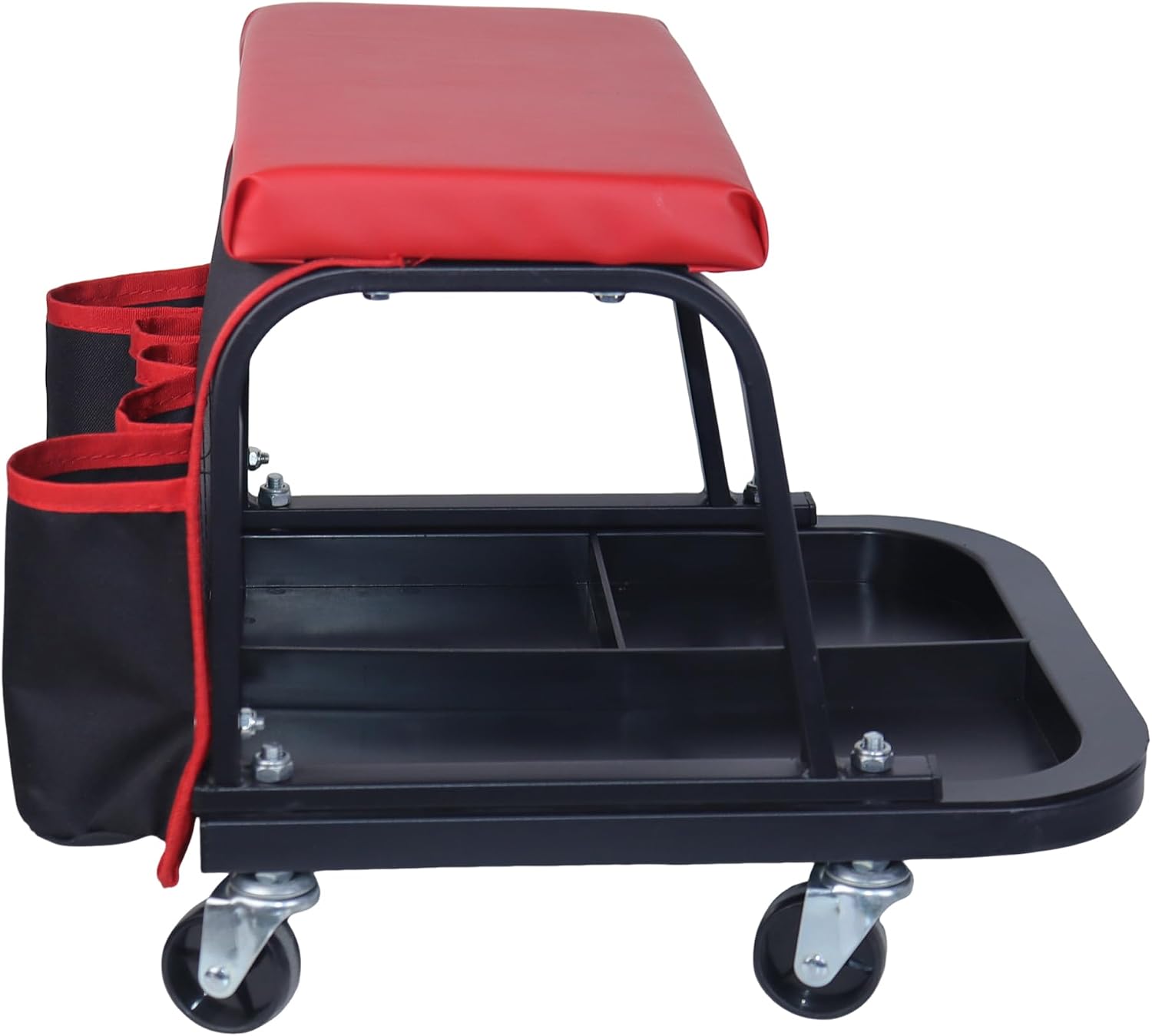 Rolling Mechanic Garage Stool on Wheels with Padded Cushion, Tool Tray Storage and Side Pockets, 300 LBS Capacity, Red