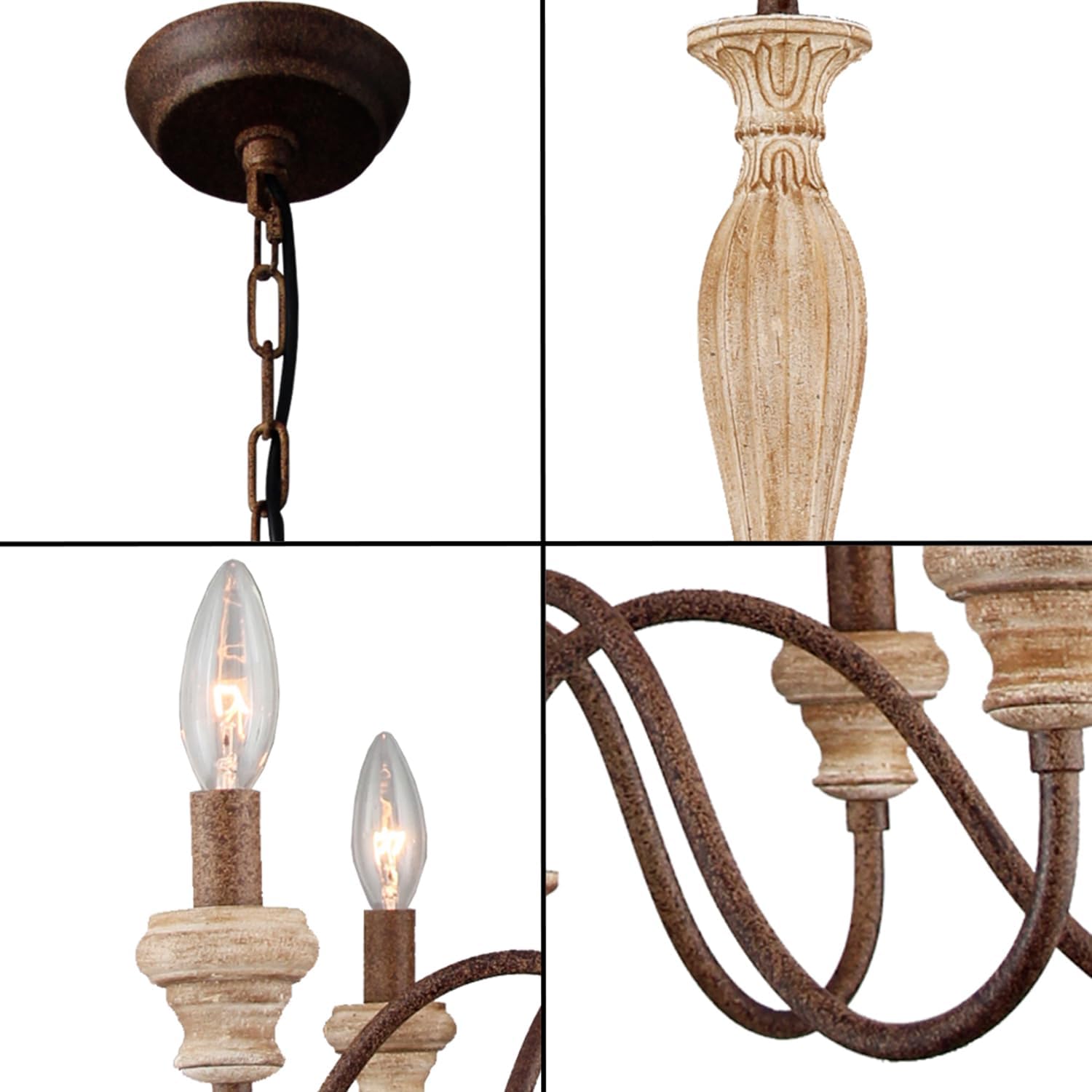 French Country Chandelier, Farmhouse 6-Lights Vintage Rustic Candle Style Chandelier Light Fixture, Retro Handmade Distressed Wood Chandelier for Dining Room, Living Room, Bedroom, E12