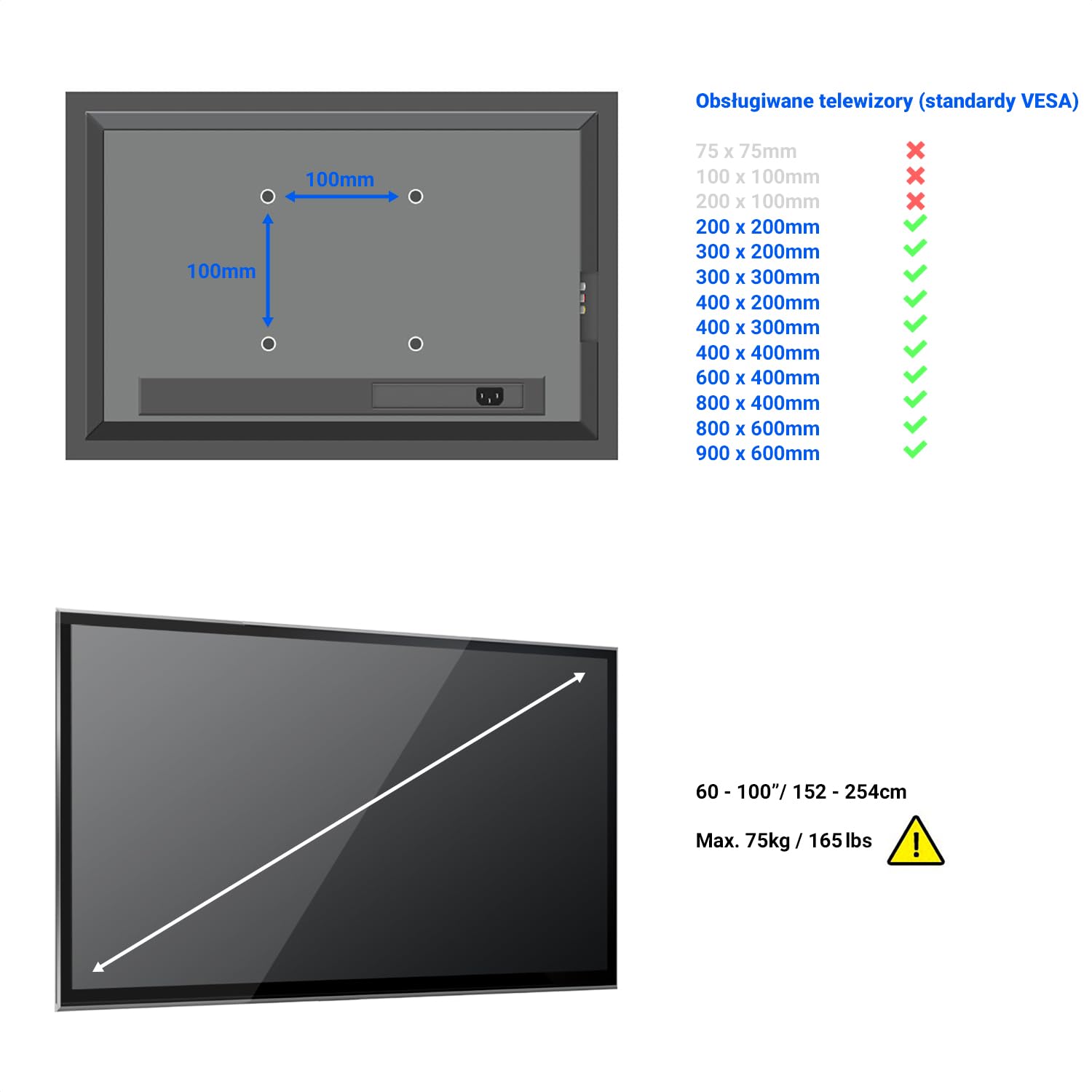 deleyCON Universal Uchwyt Naścienny TV & Monitor 60"-100" (152-254cm) Uchylny - do 75Kg do VESA 900x600 - Telewizor Plazmowy LCD LED OLED TFT CURVED Uchwyt