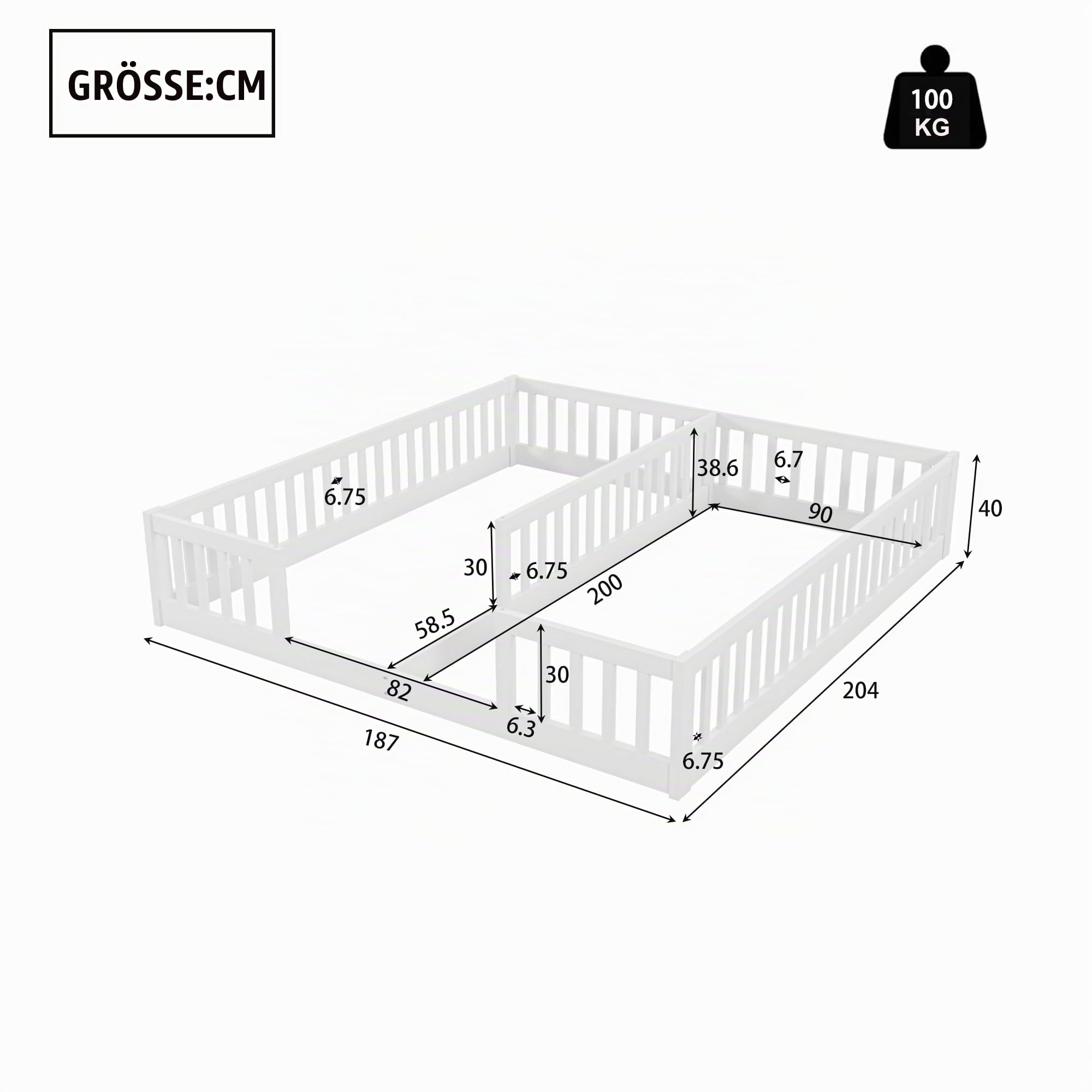 Kindebett Bodenbett 90x200 cm für 2 Kinder mit rausfallschutz, ohne Lattenrost, Einzelbetten 2-in-1, Holz Geschwister Bett, Massivholz Bodentief, Montessori Gitterbett (Weiß, 90x200)