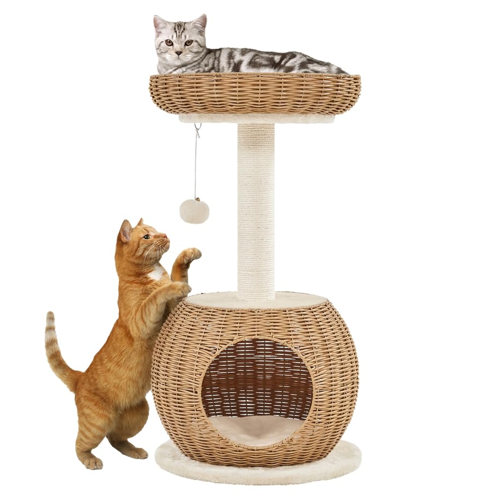 Yaheetech Tiragraffi per Gatti Albero per Gatti in Rattan Intrecciato Trespolo Cuccia per Gatti con Pallina Gioco Altezza 75cm Beige