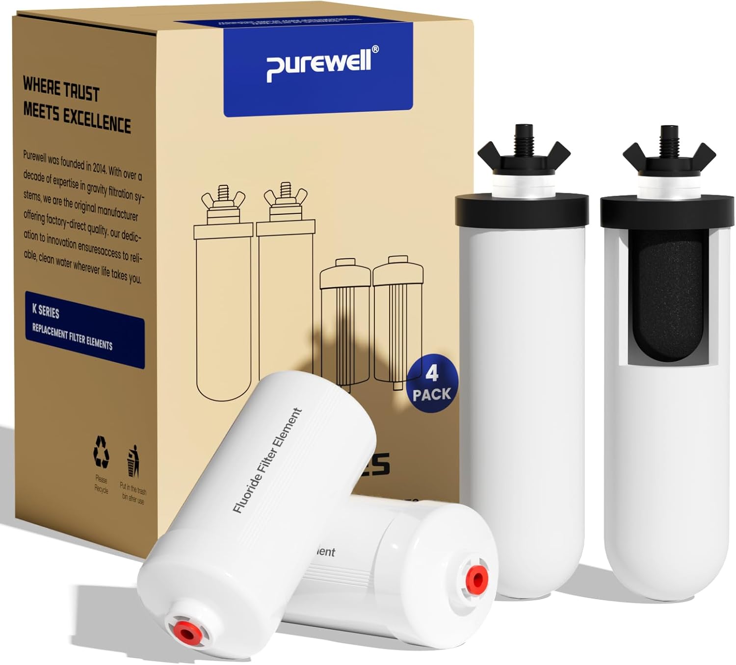 Purewell 8-Stage PF-4&FL-2 Purification Elements Set, Reduce Chlorine and Fluoride, Washable & Reusable, Replacement for ProOne®, Berkey®, Purewell® Filters and Water Filter Systems (4 Pack, K Series)