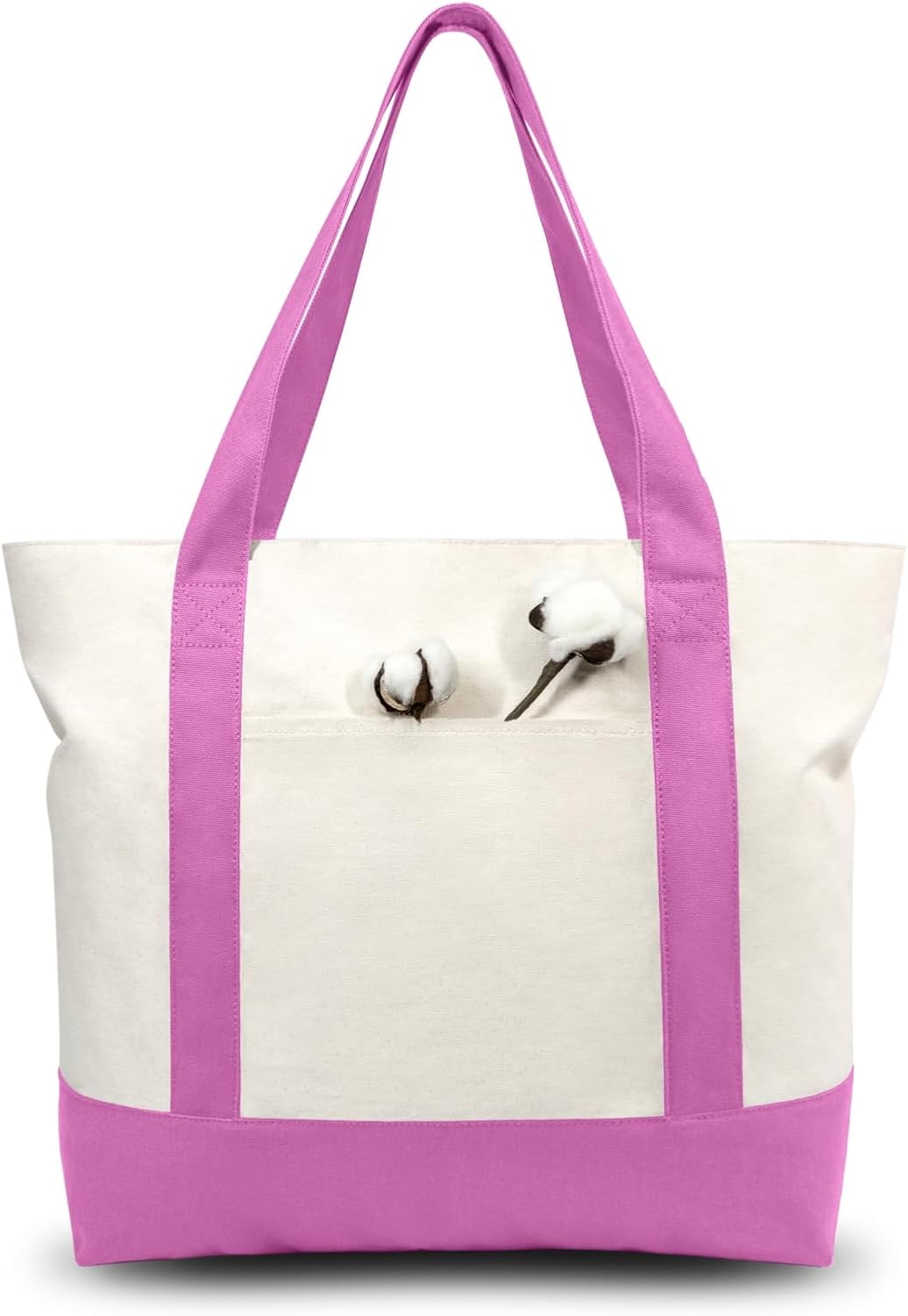 TOPDesign 3-Pack Canvas Tote Bags with an External Pocket, Reusable Grocery Shopping Bags, Top Zipper Closure, Daily Essentials (Light Purple/Natural)