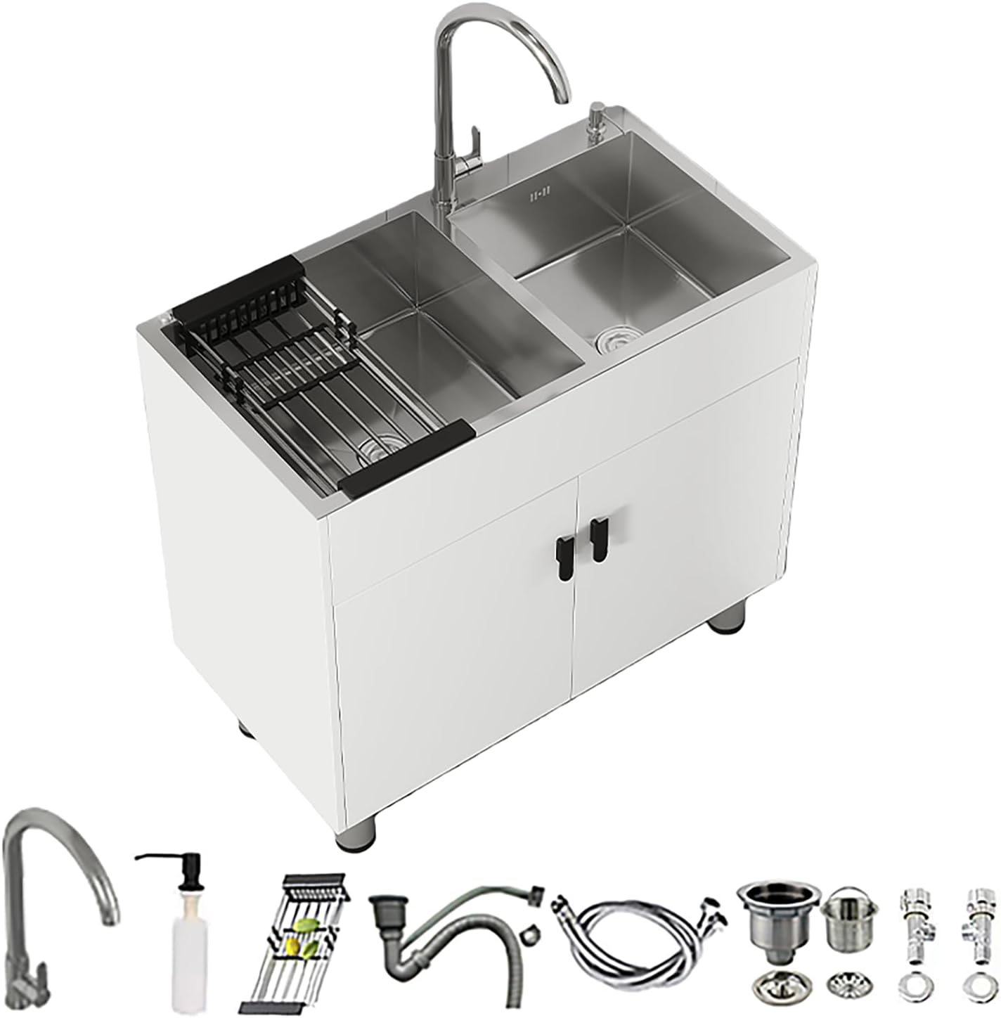 29.5-31.8In Double Bowl Laundry Sink,Stainless Steel Sink with Cabinet,Freestanding Deep Utility Sink,with Hot And Cold Water Faucet,Multi-Use for Kitchen,Bathroom,Garage,White,75 * 41 * 79cm