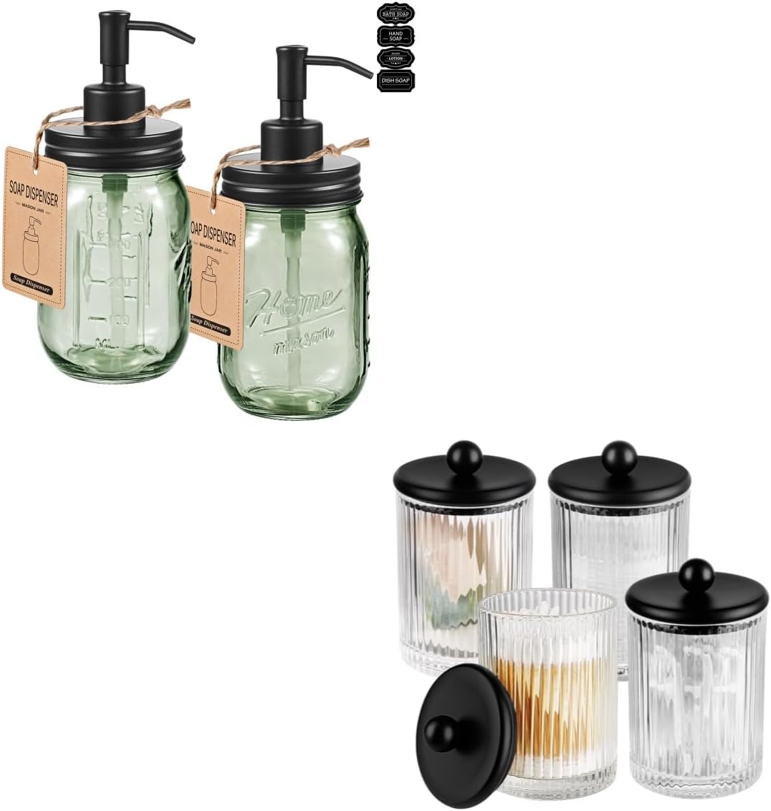 SheeChung 4 Pack Black Ribbed Glass Qtip Holder, Apothecary Jars with Lids & 2 Black Mason Jar Soap Dispenser, Glass Hand Soap Dispenser for Bathroom Kitchen, Green Bathroom Decor