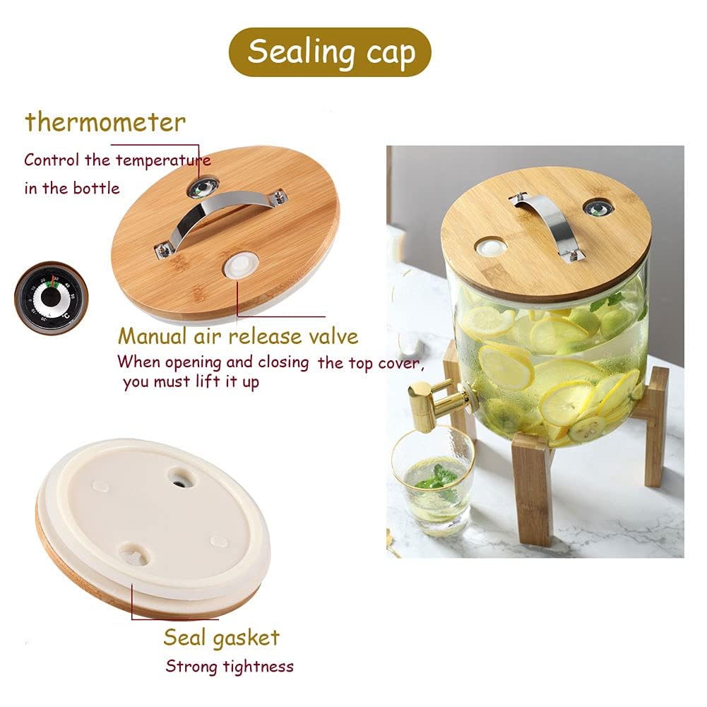 Dispensador de bebidas de vidrio con grifo de acero inoxidable 5L/8L/10L - Dispensador de bebidas a prueba de fugas con soporte de madera - Perfecto para cócteles, agua y más - Diseño de boca ancha de