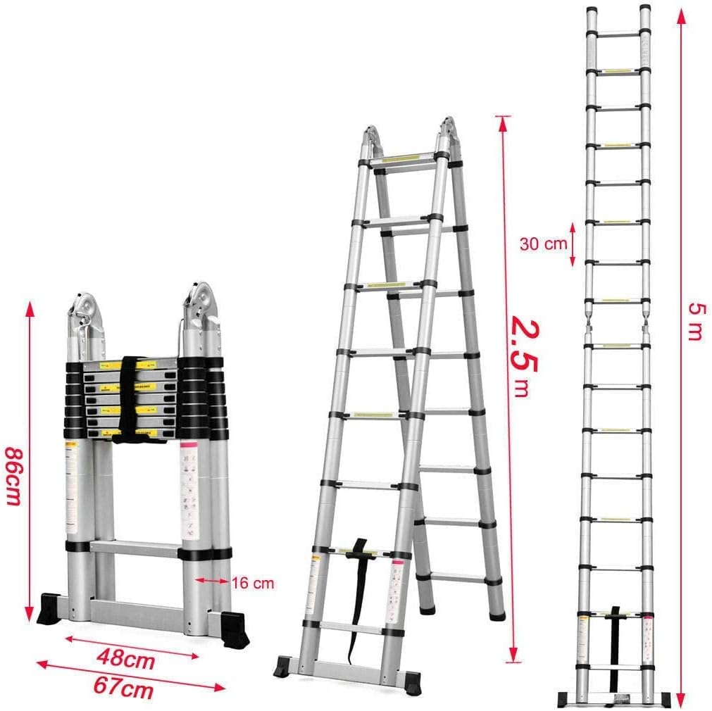 OKUOKA 16.5FT Telescopic Folding Ladder Extension Aluminum 2.5M+2.5M Telescoping Ladder A-Frame with Anti-Slip Steps, Support Bar, EN131 Safe Standard, 330LB Capacity Foldable Ladder for