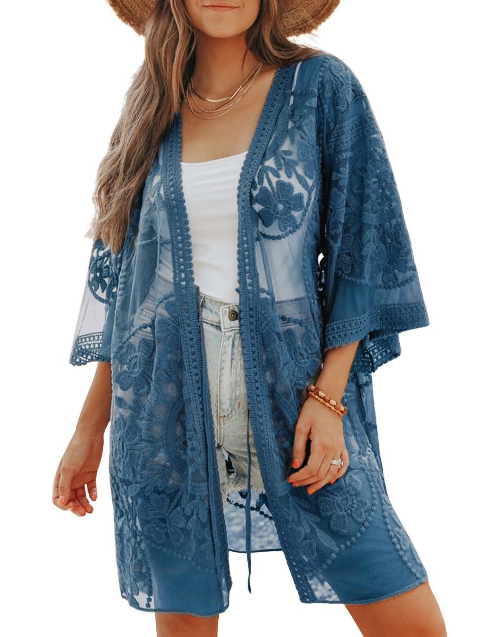 Bsubseach Mujeres Sexy Encaje Crochet Frente Abierto Traje de baño Beach Long Kimono Cover Ups