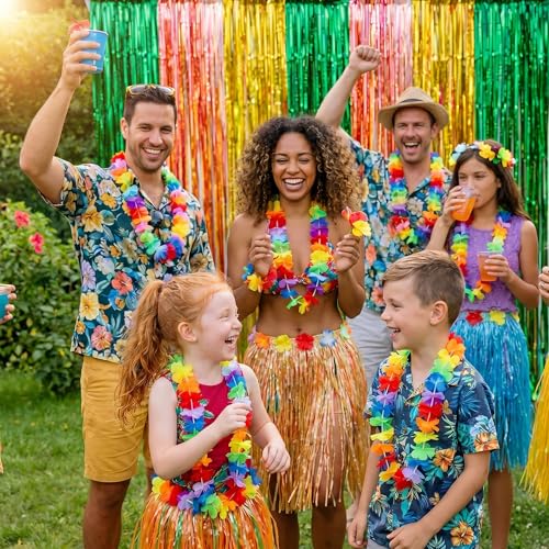 Image of Hawaiian Luau Party Decorations, 2 Packs Tropical Theme Hawaiian Foil Fringe Curtains,3.3 X 6.6 ft Aloha Photo Backdrop Streamers for Tiki Bar Pineapple Summer Beach Pool Party Decor