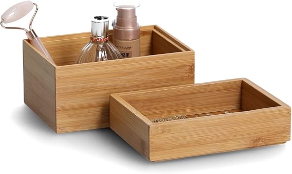 Zeller 13319 Organiser Box Set of 2 Bamboo Approx. 17 x 12 x 12 cm Stackable Box Set for Household Office and Bathroom