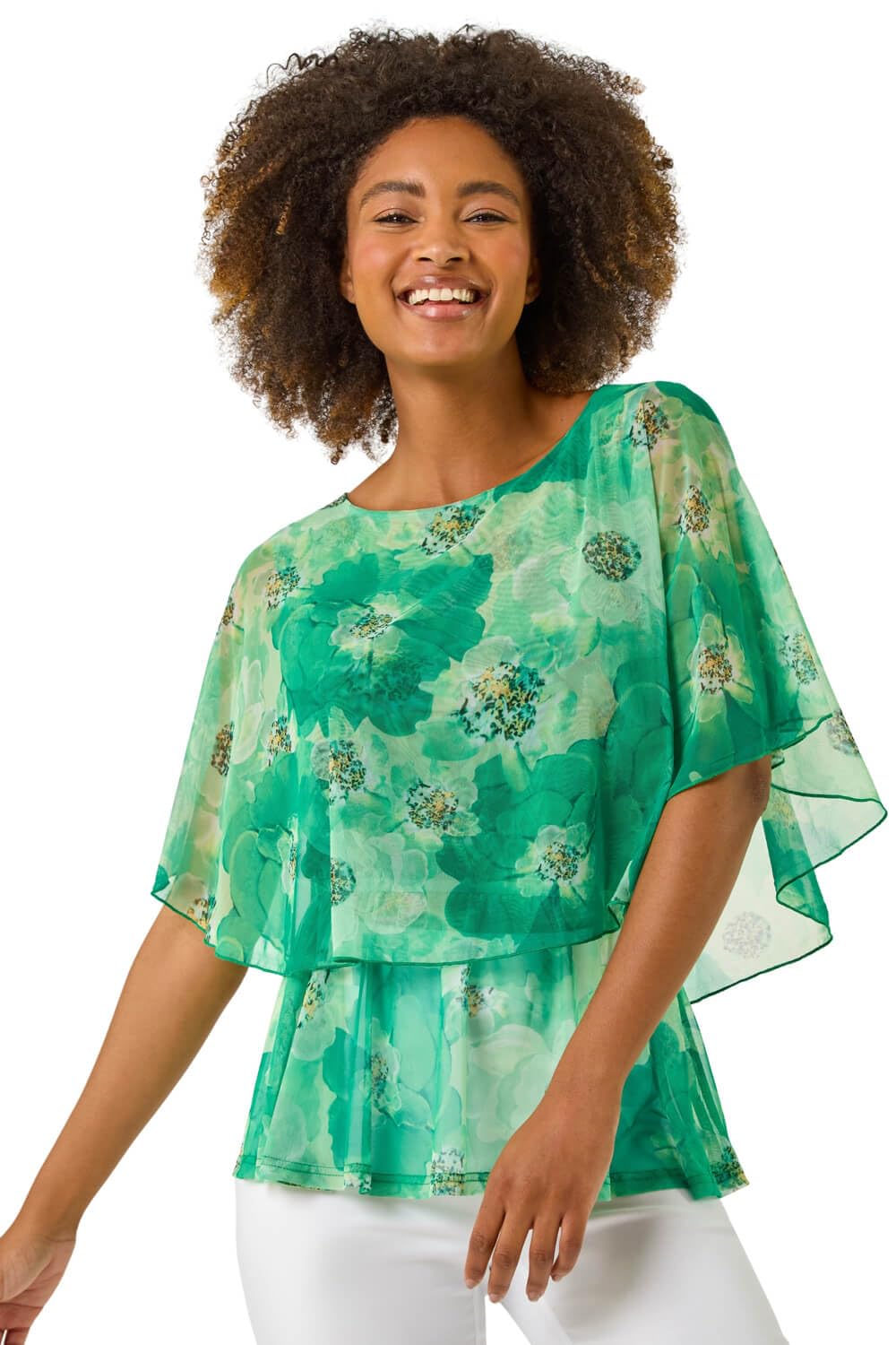 Roman Women's Floral Print Mesh Overlay Top in Green | Size: 20