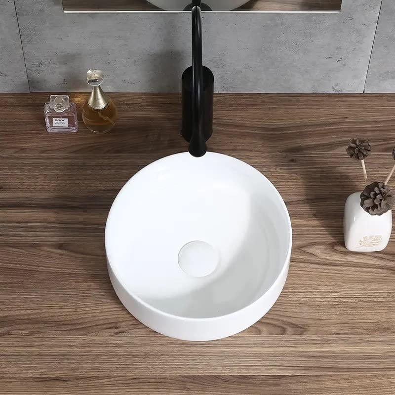 Image of REMOTION Ceramic Table Top Wash Basin Vessel Sink Over Counter Basin | Designer Counter Top Wash Basin For Bathroom & Living Room (Round Shape White Glossy Basin, 12 X 12 X 5 Inch)