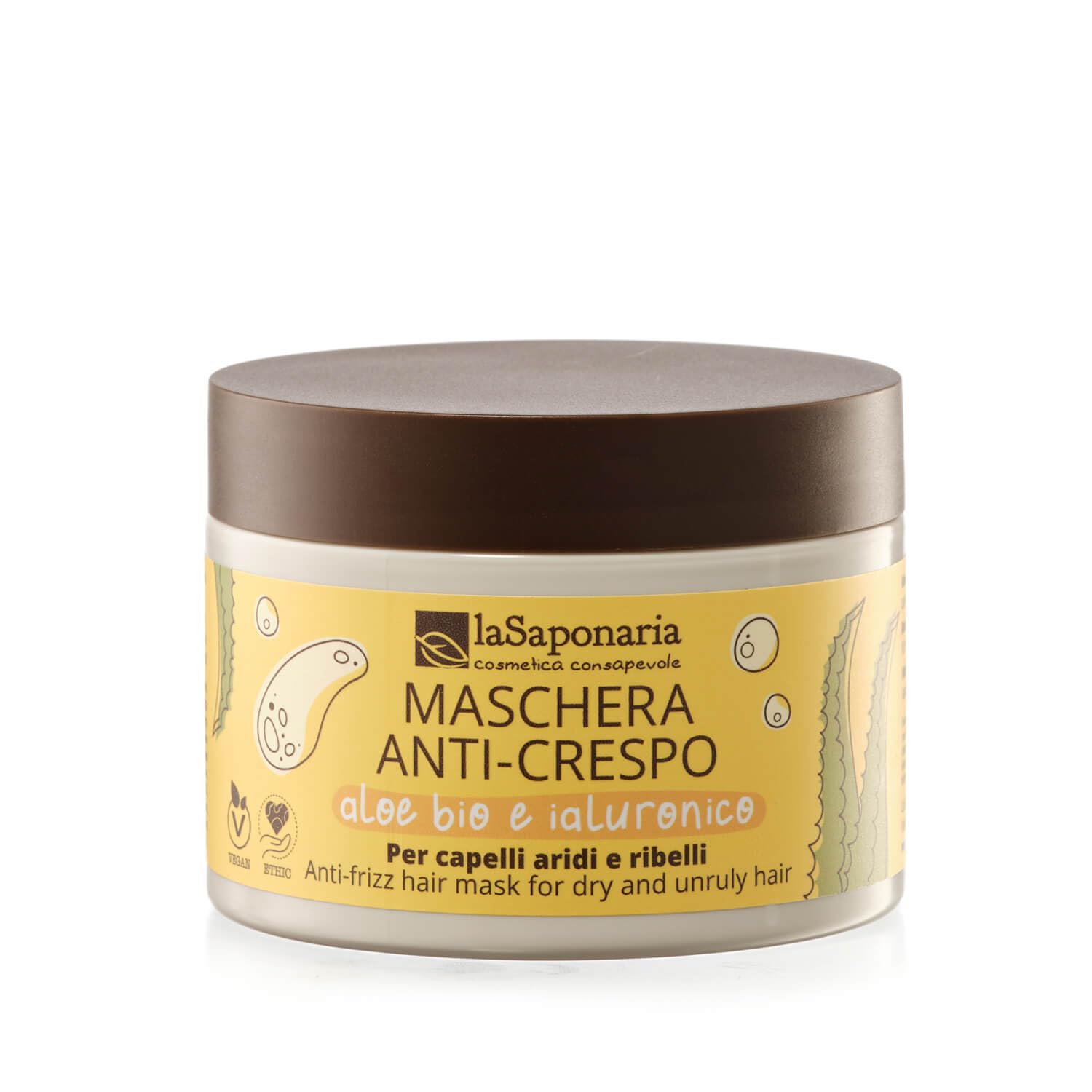 La Saponaria | Maschera capelli anti-​crespo, Dona un aspetto sano lucente e idratato, Per capelli aridi e ribelli con Aloe bio e Ialuronico, 200ml