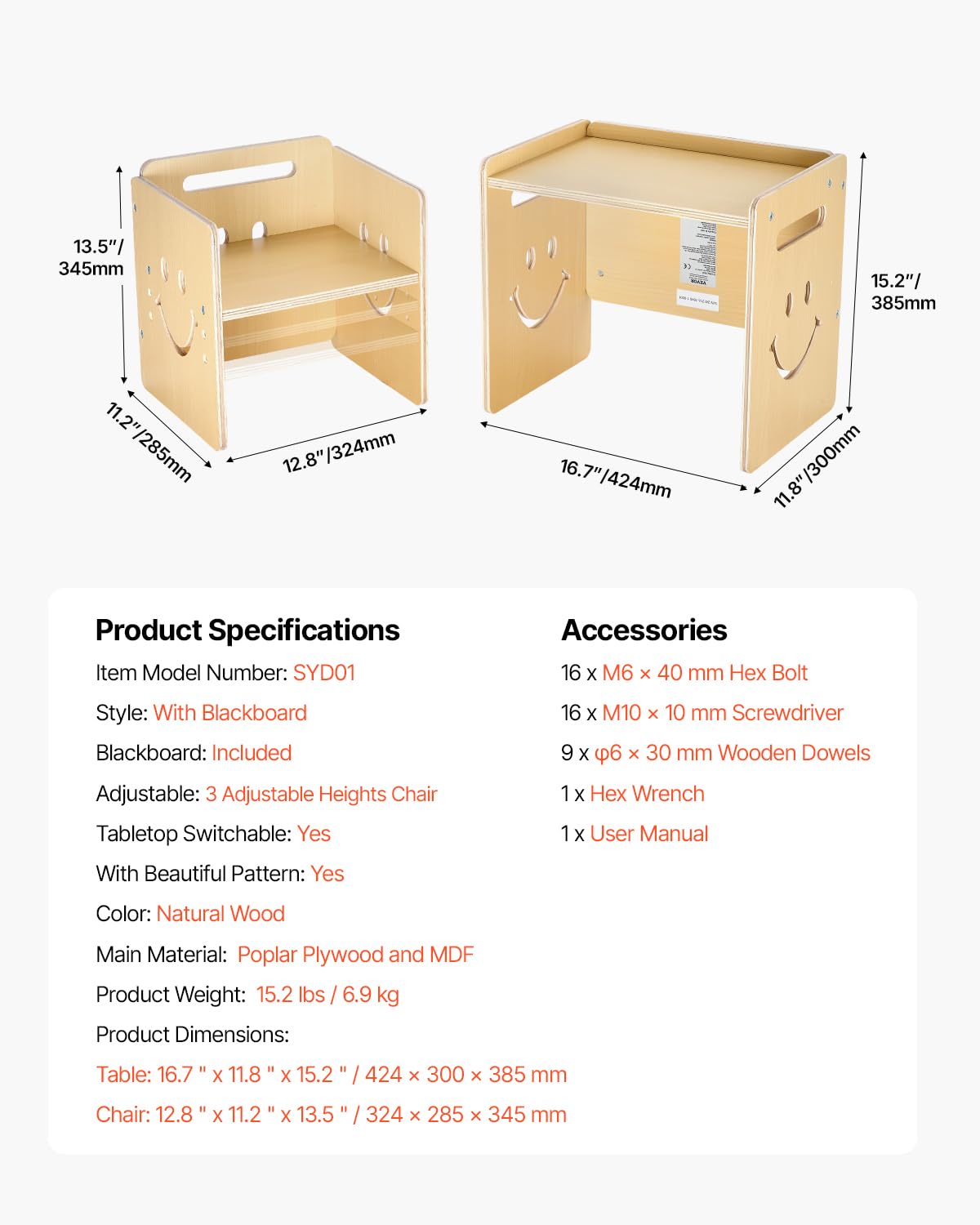 VEVOR Set Tavolo e Sedia per Svezzamento in Legno per Bambini 424 x 300 x 385 mm, Sgabello Regolabile 345 mm
