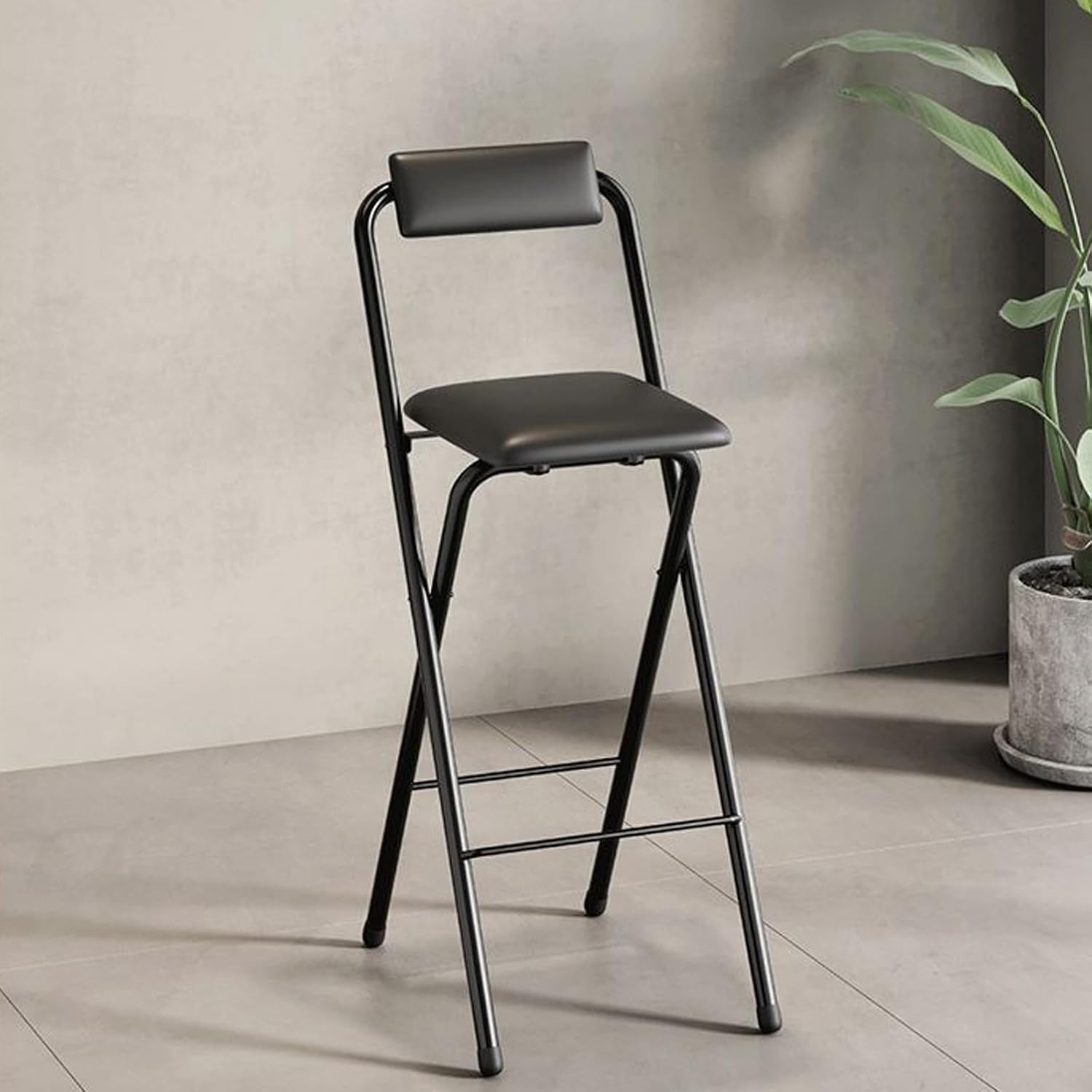 Metal Frame Side Chair, Padded Folding Chairs, Counter Height Barstools, with Back and Footrest, for Kitchen Dining Room Living Room(Black,60cm)