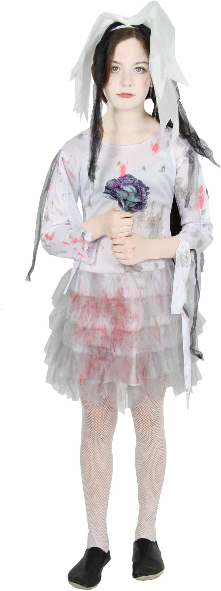 FOXXEO Bloody Zombie Bridal Costume for Kids - Size: 122 to 176 - White Wedding Dress for Girls for Halloween Dress, Size: 158-164