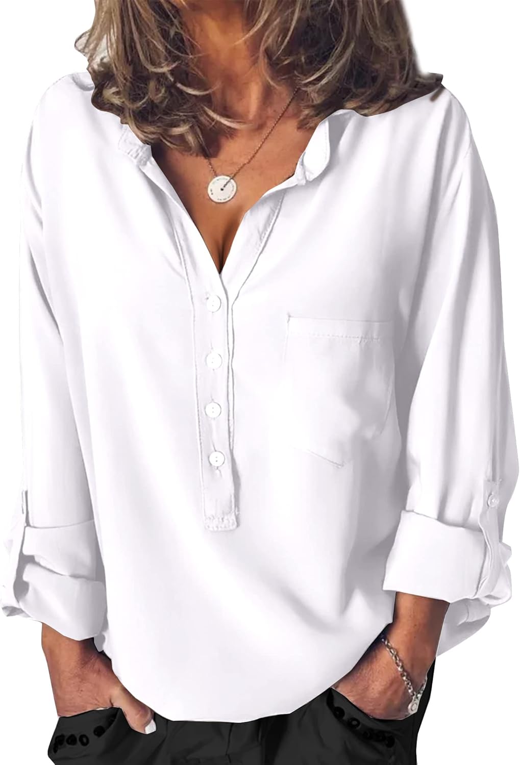 Beyove Satin Blouses for Women Button Down Silky Shirts V Neck Roll Up Long Sleeve Casual Loose Office Work Tops - Image 2