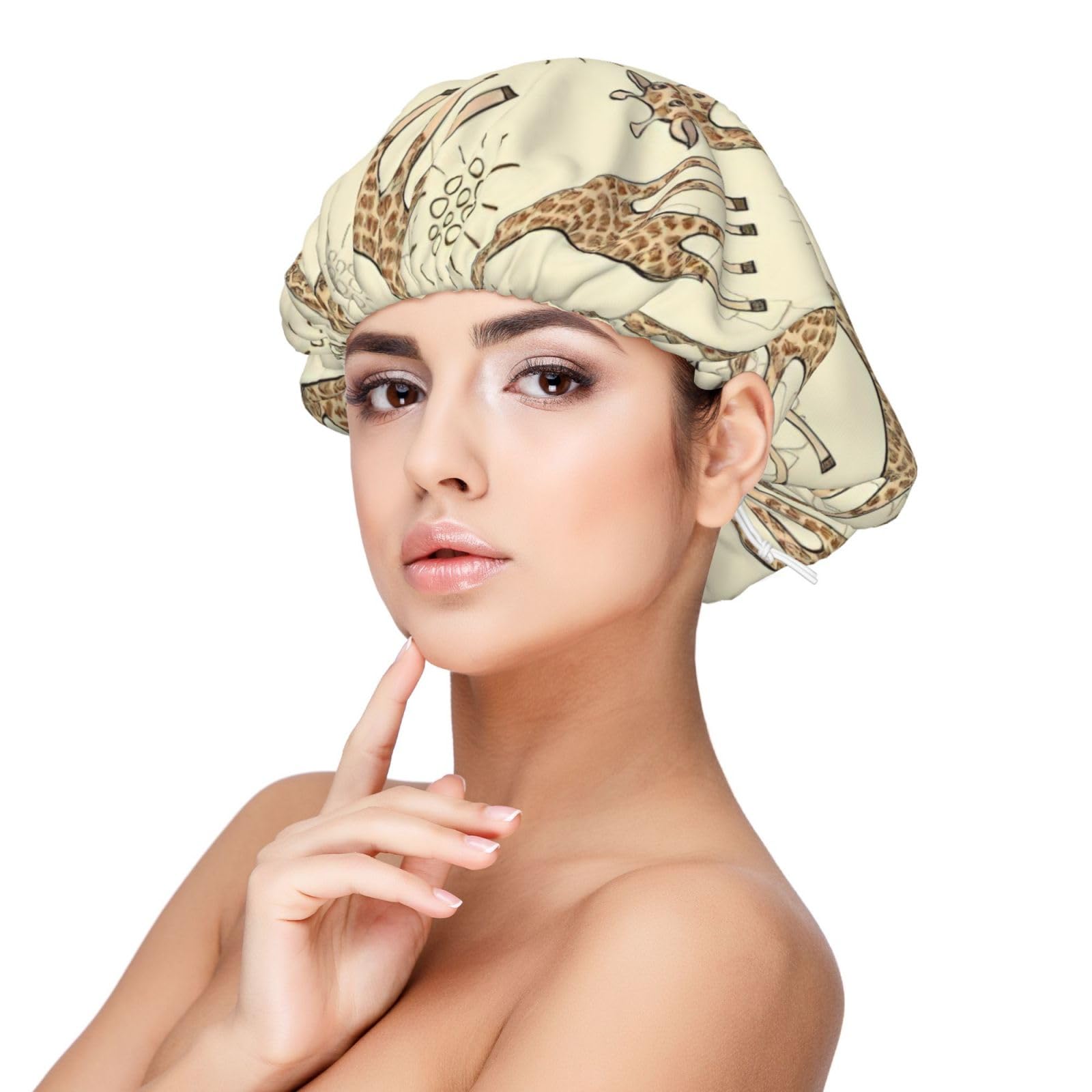 Double Layer Reversible Hair Wrap Satin Sleep Hand Drawn Giraffes Cap Bonnet for Braid Curly Hair Satin Bonnet Black