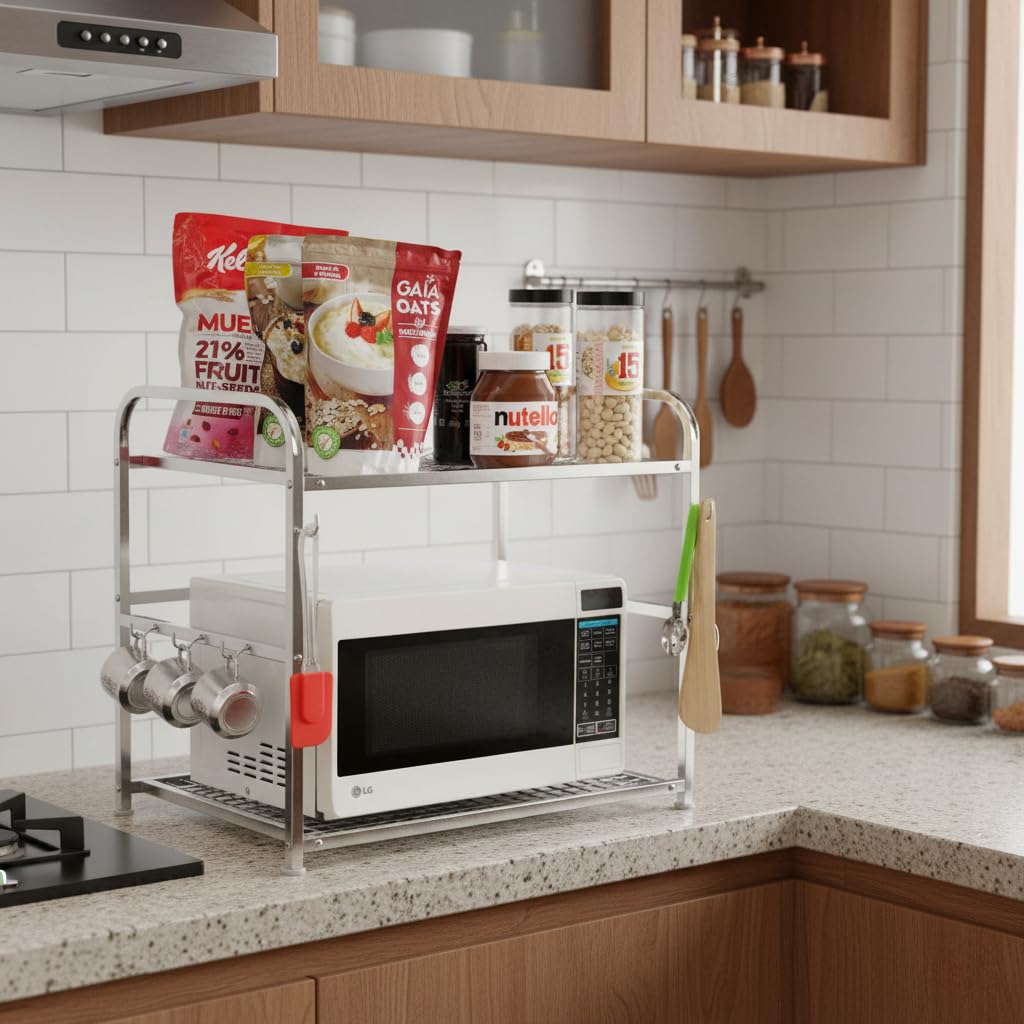 Homify Stainless Steel 2-Tier Microwave Oven Stand | Heavy-Duty Kitchen Counter Shelf Rack | Multipurpose Storage Organizer for Toaster, Spices, Cookware | Rust-Proof & Easy to Clean (Silver)-image-18