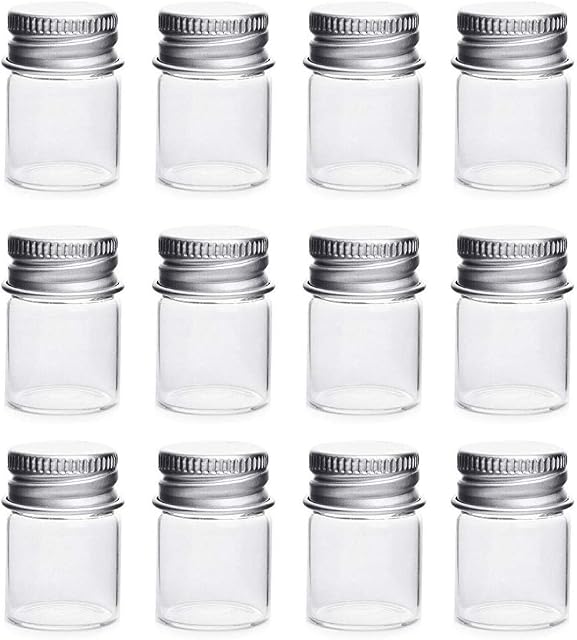 12Pcs 5ml Mini Clear Glass Bottles with Aluminum Screw Top Empty Sample Jars Sample Vials Small Containers for Message Wedding Favors Decorations