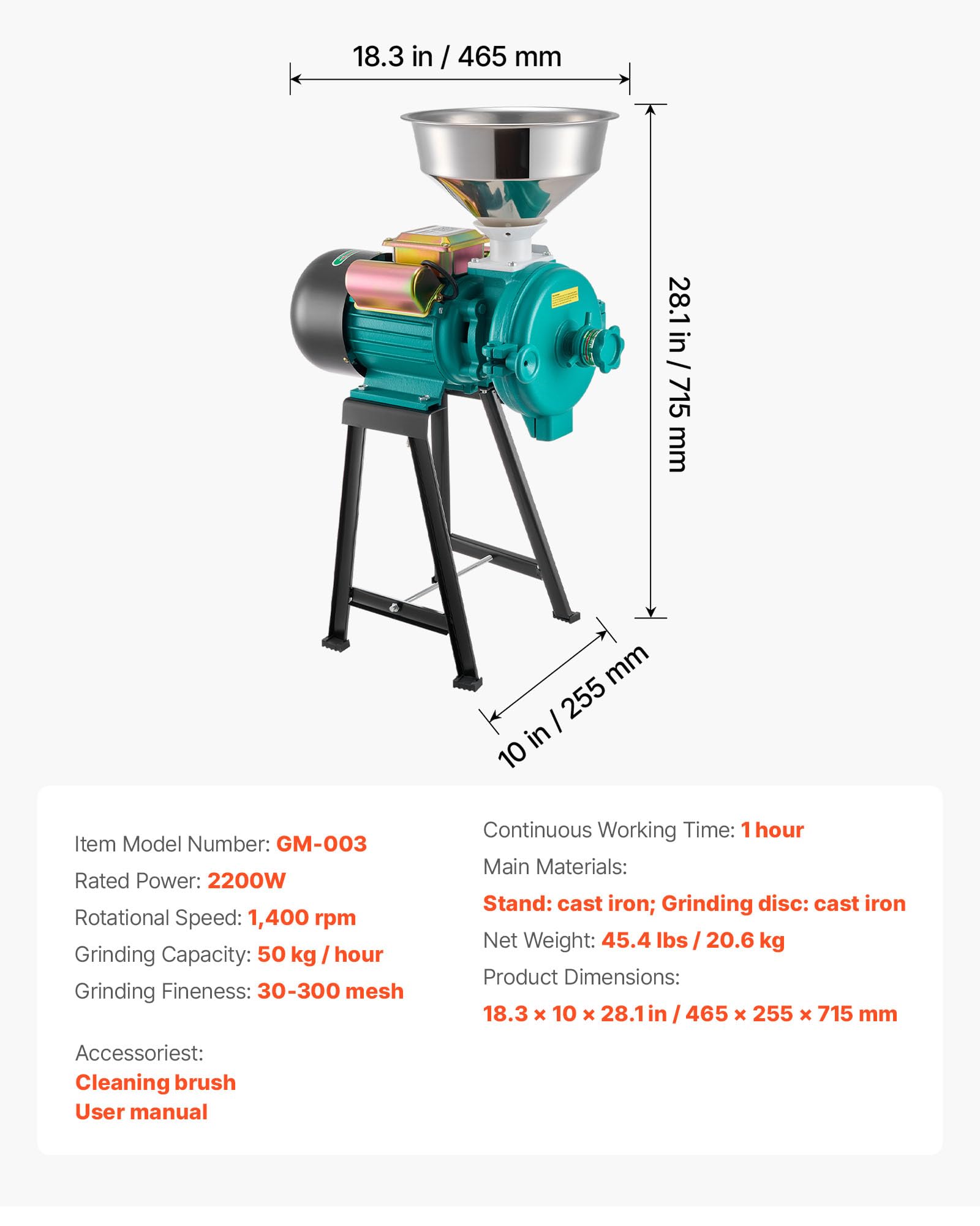 VEVOR Macchina per Polverizzazione Cereali Spezie Grano, Polverizzatore in Ghisa da 2200 W ad Alta Velocità con Piedini in Gomma Antiscivolo, per Cereali Secchi, Spezie, Caffè, Mais e Pepe