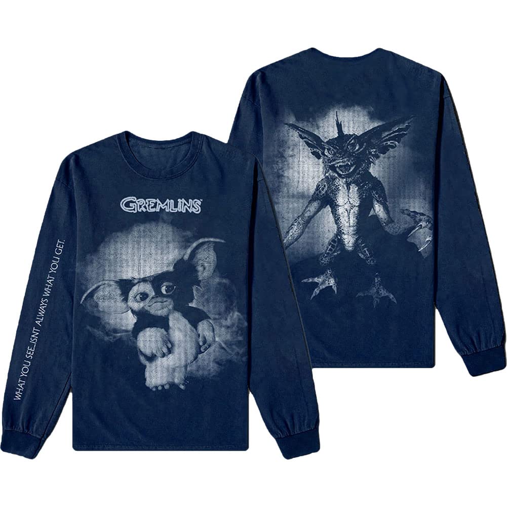 Warner Bros T Shirt Gremlins Graphic Official Mens Navy Blue Long Sleeve L