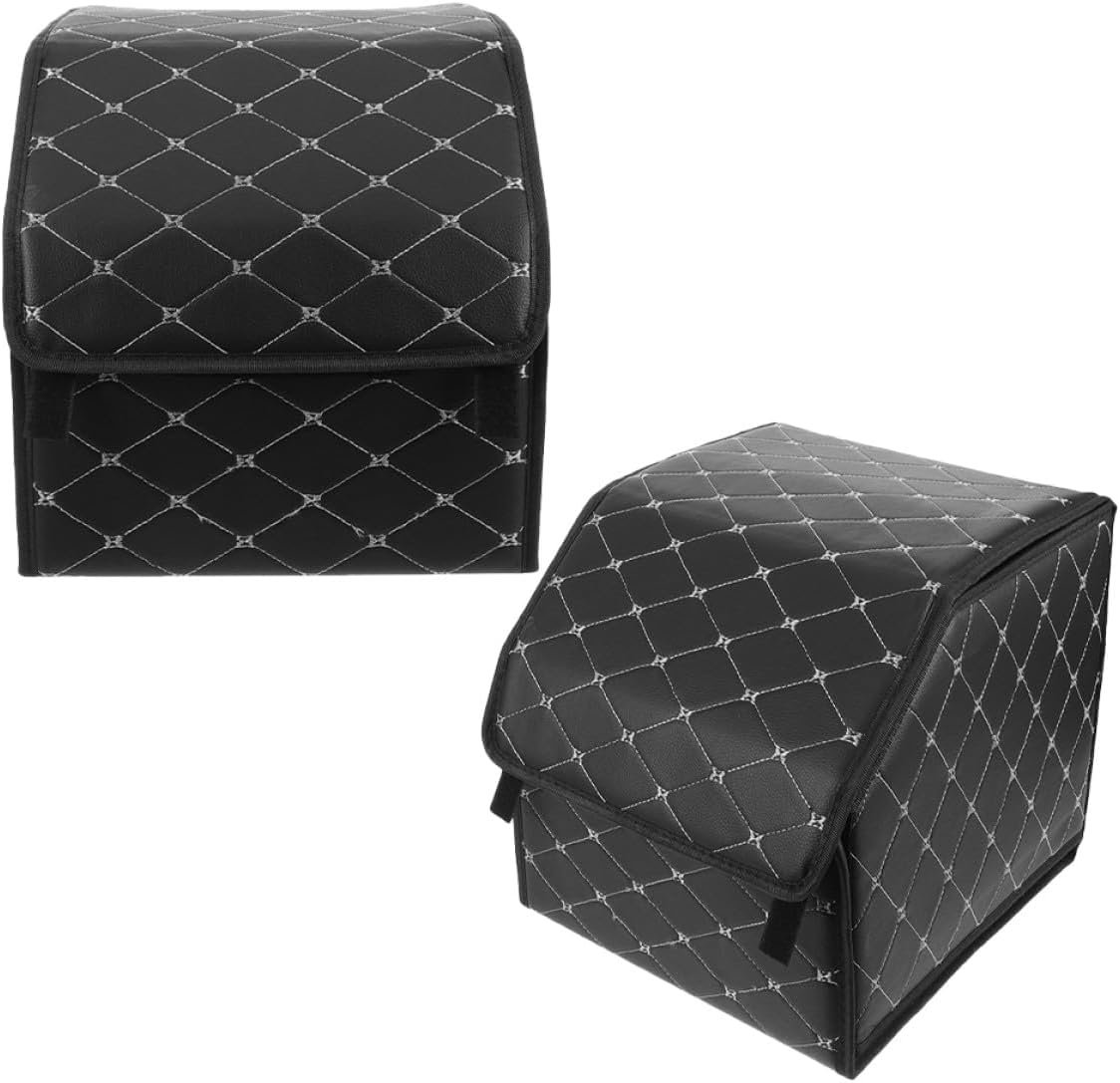 PRETYZOOM Foldable Car Trunk Organizer Bin 2pcs Compact Black with Gold Trim Automotive Storage Boxes for Vehicle Cargo Management and Rear Seat Organization