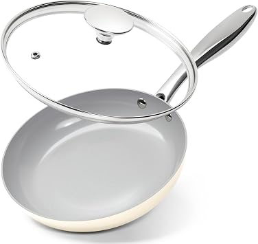 MICHELANGELO Frying Pans Nonstick with Lid - 8 Inch Small Frying Pan, Non Toxic Ceramic Pan with Lid, Non Stick Small Skillet for All Stovetops, Beige