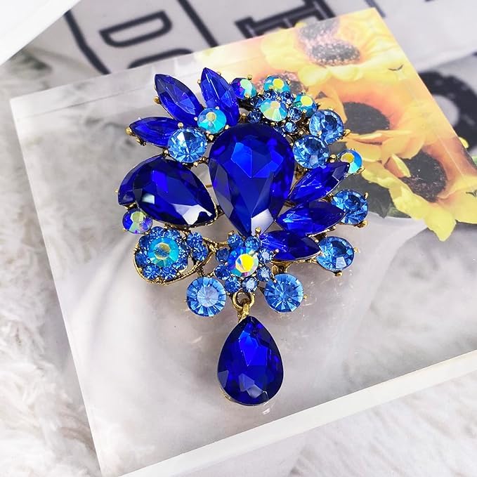 Image of Wedding Bridal Big Crystal Rhinestone Bouquet Brooch Pin for Women (Blue Tear Drop)