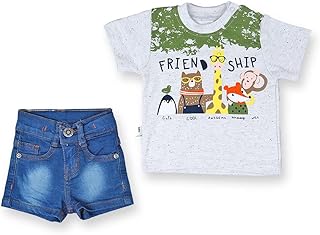 شورت جينز وتيشرت للاولاد البيبي مقاس 6:12 شهر - رمادي