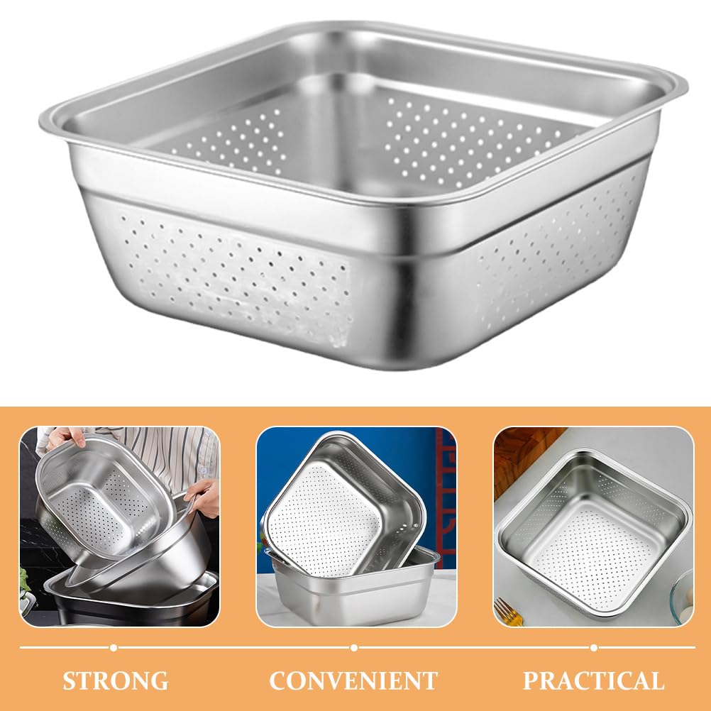 Cabilock Lavabo de acero inoxidable para verduras, colador cuadrado de 11.42 pulgadas con agujeros de drenaje de gran capacidad, colador de cocina para frutas, pasta y arroz