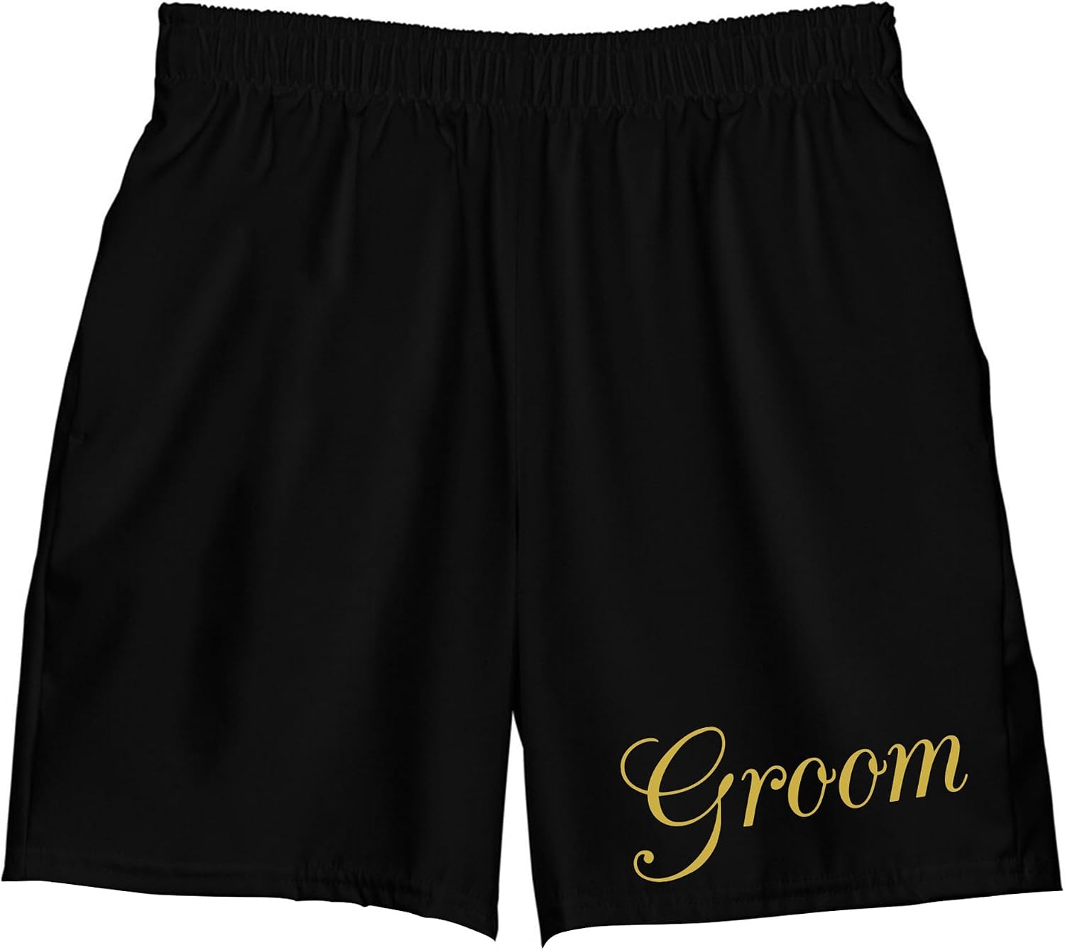 Brosash Groom Swim Trunks – Black Groom Shorts with Gold “Groom” Print | Bachelor Party Groom Outfit | Groom Beach & Pool Shorts | Medium Size (Fits 30-36 Waist) Funny Men Wedding Gift Swimsuit