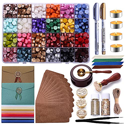 Wax Seal Stamp Kit 738 Pcs, Include 24 Colors 672 Pcs Sealing Wax Beads, 30 Vintage Envelopes, 20 Satin Ribbon, 4 Sealing Stamps, Come with Everything Need for Your Craft Adhesive Waxing
