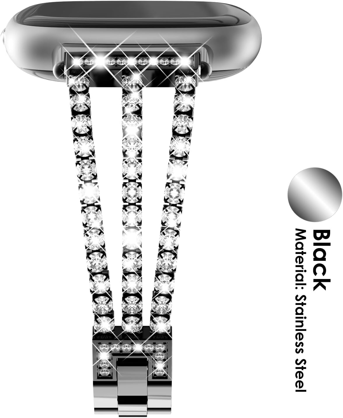 FULLIFE Compatible with Fitbit Versa 3/Fitbit Versa 4 Chain with Crystal Diamond Bling Metal Link Bracelet Strap Steel Fitbit Sense/Fitbit Sense 2 Band for Women, Black - Image 2