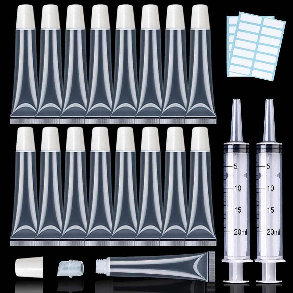 AMORIX 50PCS Lip Gloss Tubes 20ml White Cap Lip Gloss Containers Empty Refillable Cosmetic Squeeze Lipgloss Tubes + 2 x 20ml Syringes Tag Labels for DIY Lip Gloss Base Glitter