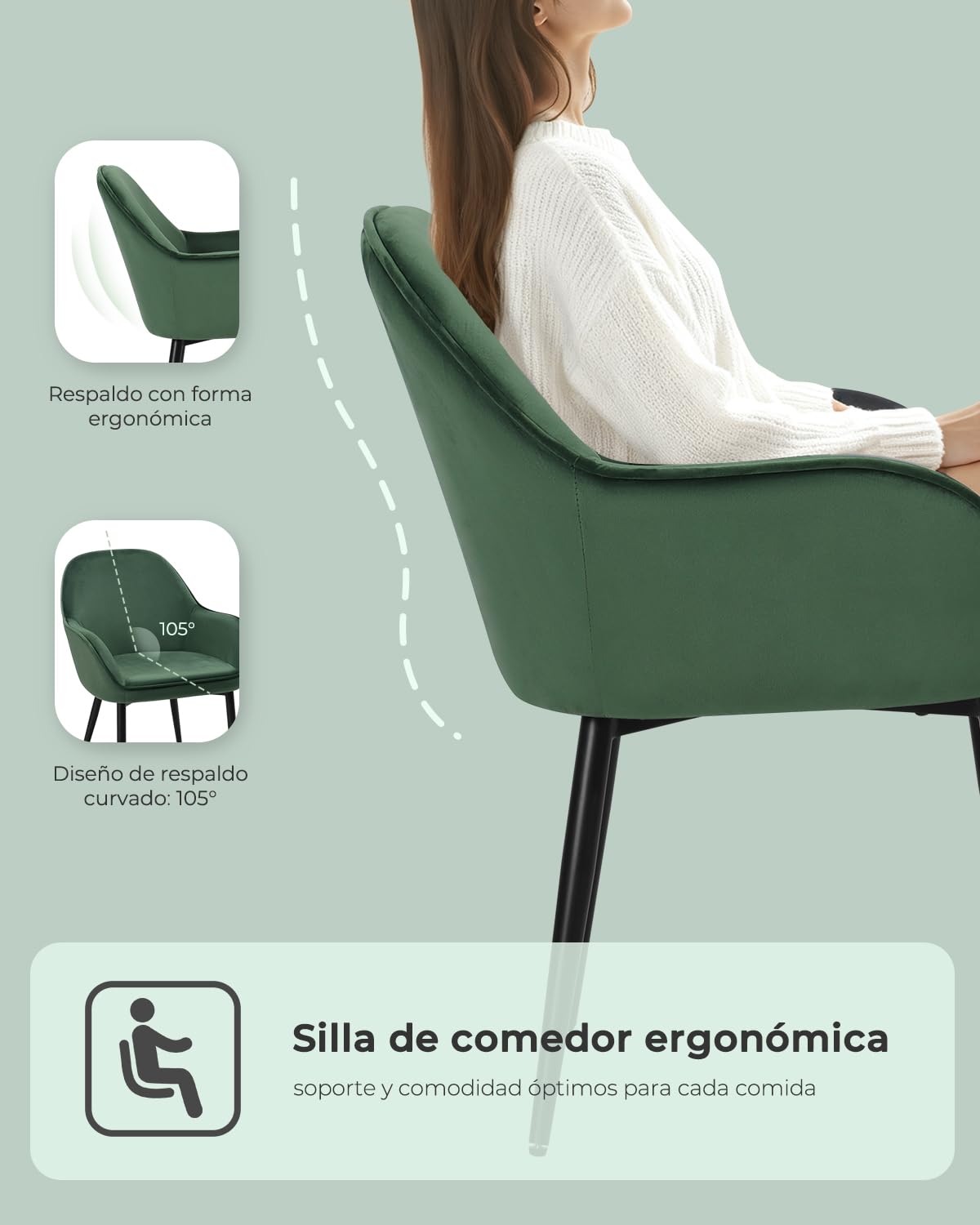 ELUCHANG Silla de Comedor Tapizada Terciopelo con Reposabrazos Pack 4, Ergonómica para Cocina, Dormitorio, Sala, Carga 150kg, Patas de Metal Estable, Verde
