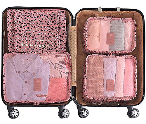 Luggage Cubes,Mossio 7 Pack Lightweight Toiletry Organizer Space Saver Travel Accessories Pink Leopard #TOP2