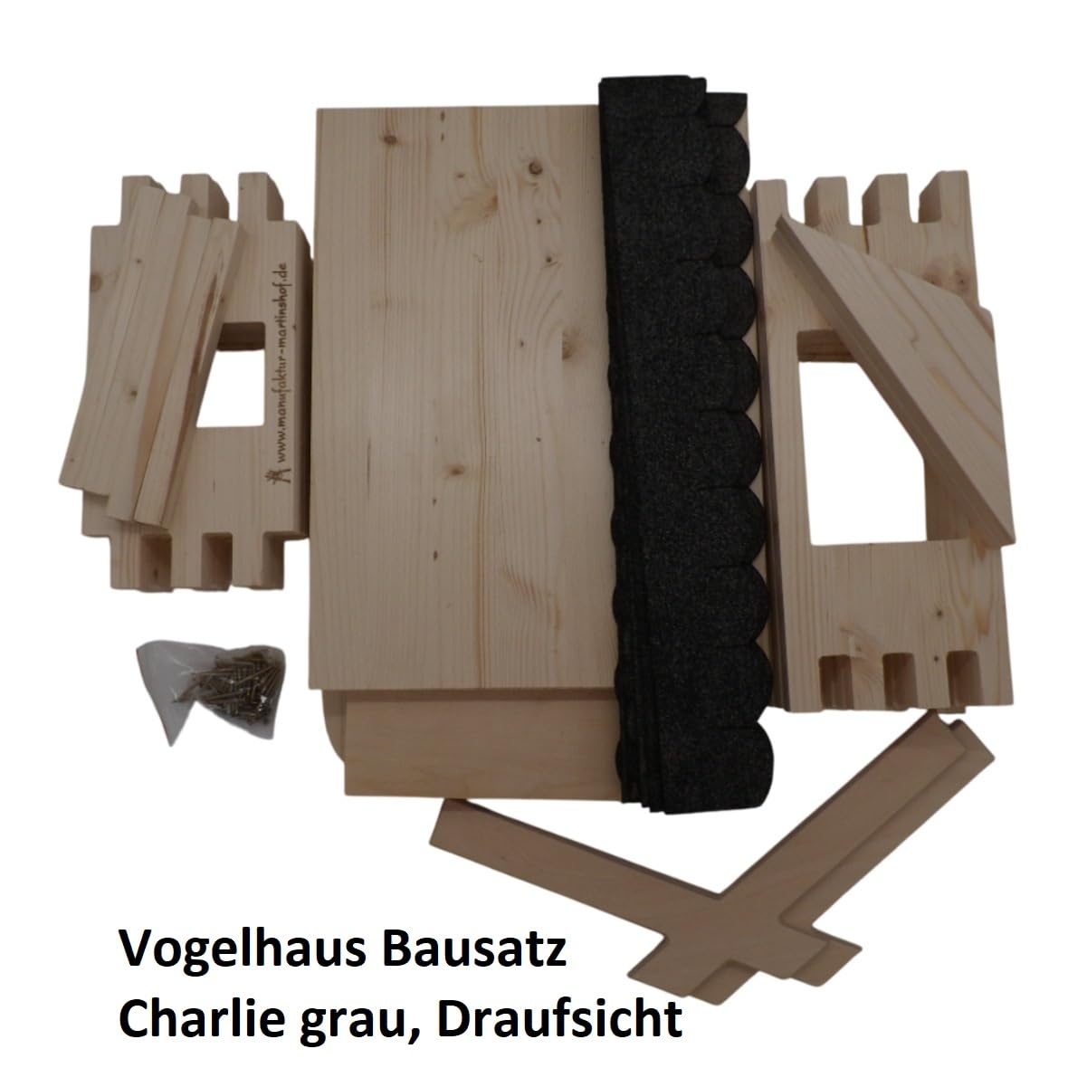 Vogelhaus Bausatz Charlie grau Manufaktur Martinshof L: 47 cm B: 38,5 cm H: 43 cm Material: unbehandeltes Fichtenholz Futterhaus Garten Outdoor Holz Geschenk Balkon