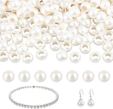 Doyime Pearl Beads Approx. 50 Pieces Round Ball Pearls with Holes, Hand Parts, White, Handmade Material, 0.47 inches 12 mm, Suitable for Necklaces, Charm Earrings, Bracelets, etc