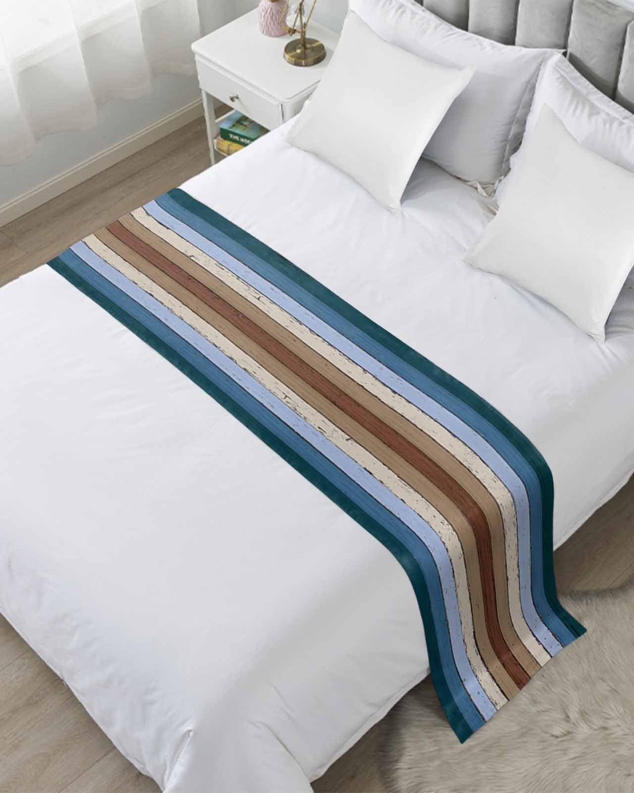 Blue Brown Bed Runner Scarf Full Queen Size,Farmhouse Wood Grain Vintage Vertical Striped Luxury Throw Runners & Scarves for Twin Full Queen King Foot