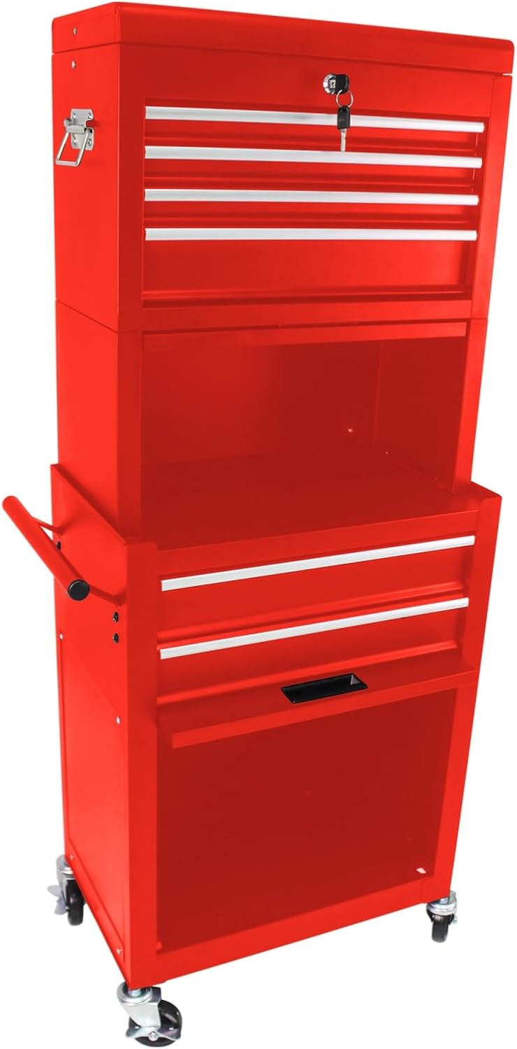 Tool Cabinet on Wheels, 6-Drawer Lockable Rolling Tool Chest w/ 4 Universal Wheels, 2 in 1 Detachable Tool Box Storage Organizer for Garage Workshop Repair Shop,RED