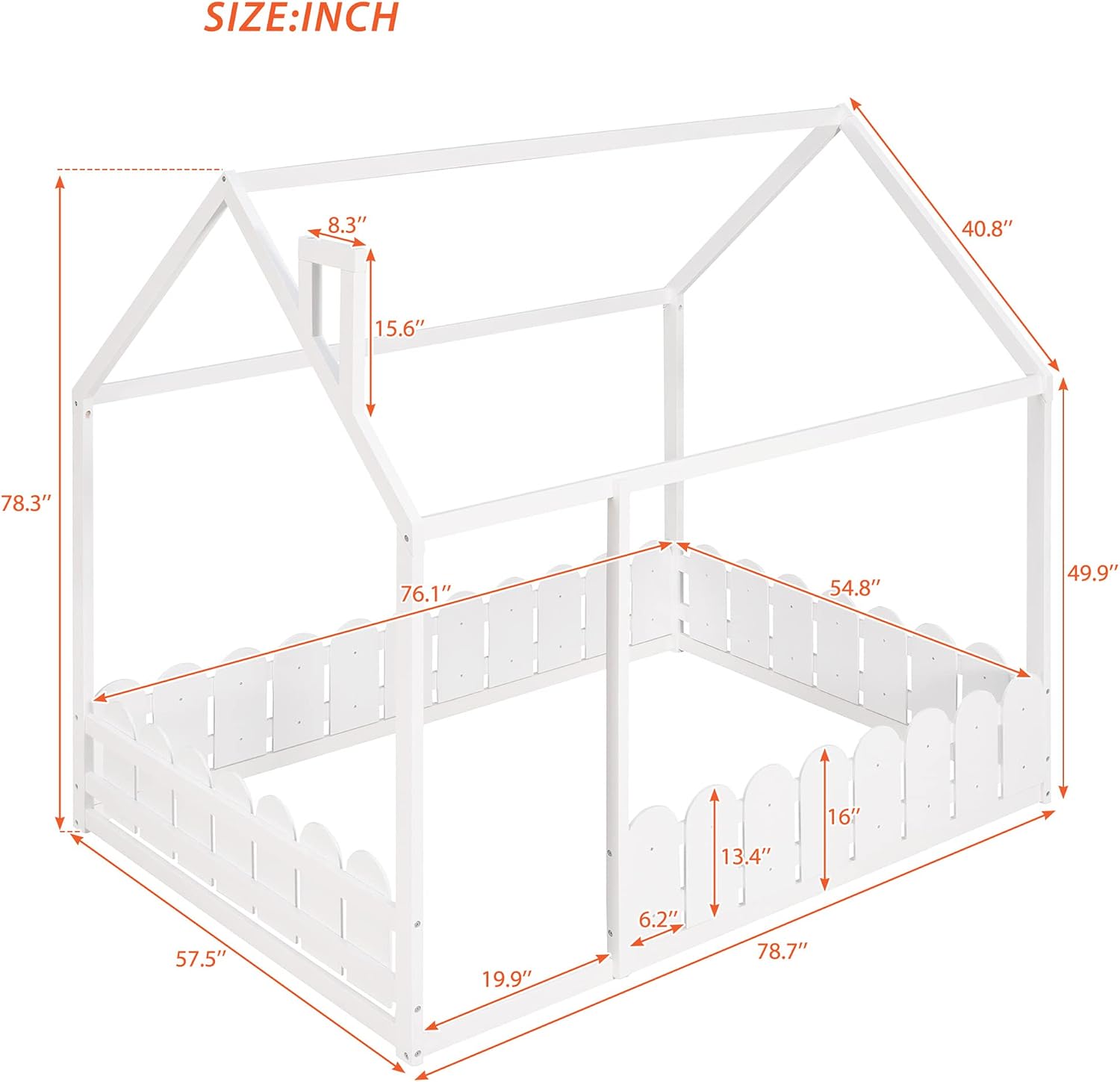 P PURLOVE Full Wood Bed, House Bed Frame with Fence-Shaped Guardrails for Teens Girls Boys, Slats are not Included, White