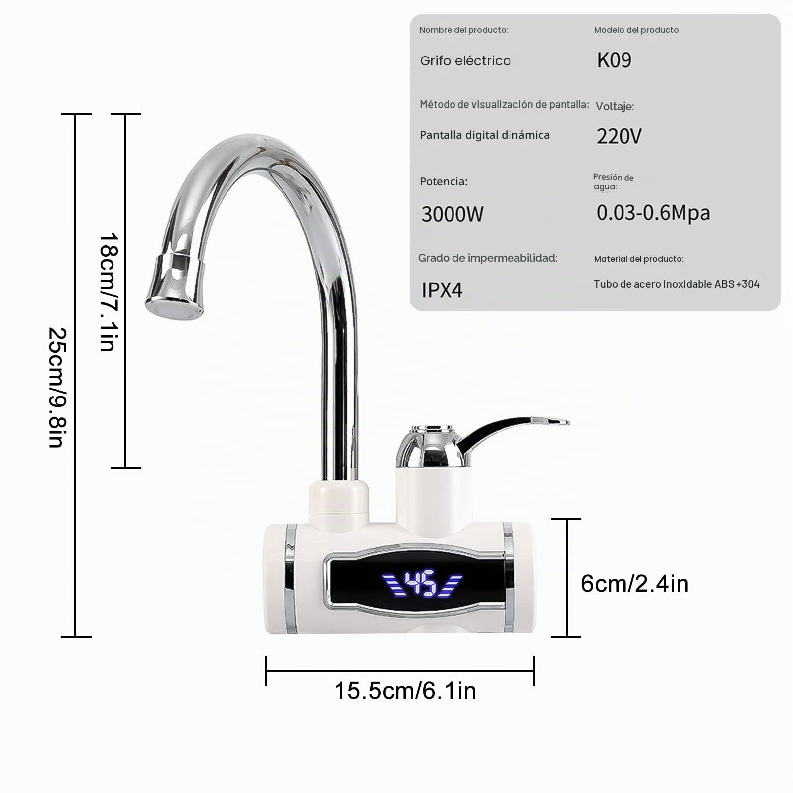 Grifo eléctrico con calentador de agua instantáneo, Btstil giratorio 360° de acero inoxidable con agua instantánea, grifo de calentador eléctrico 220V con pantalla LCD de temperatura para la cocina