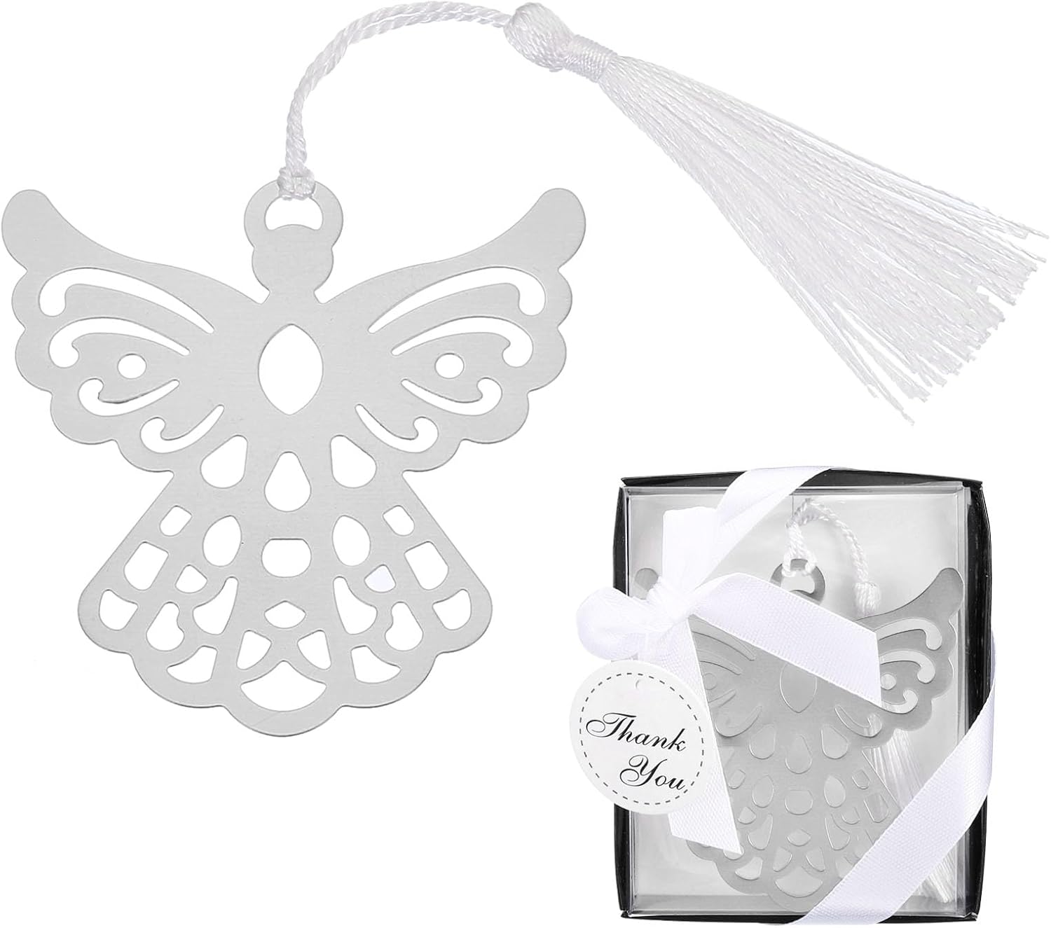 YOKIVE 60 Pcs Metal Angel Bookmark Favors with Elegant Silk Tassel, Decoration and Marking, Great for Teachers/Students (Silver, 2.95x 2.56 Inch)